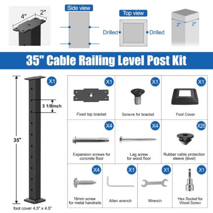 35-inch Black Square Cable Railing Post Kit